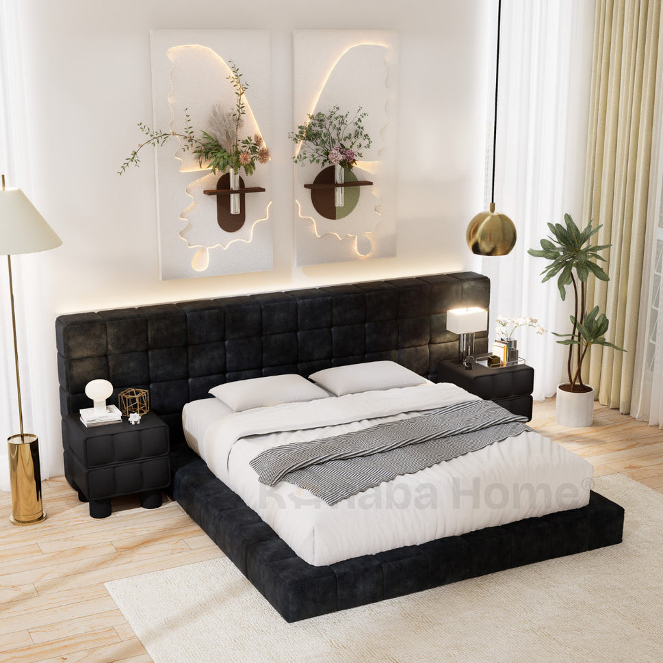 Arlo Upholstered BedKing Bed: Mattress Size 180 x 200 cm | Overall W 300 x D 230 x H 110 cm / Black