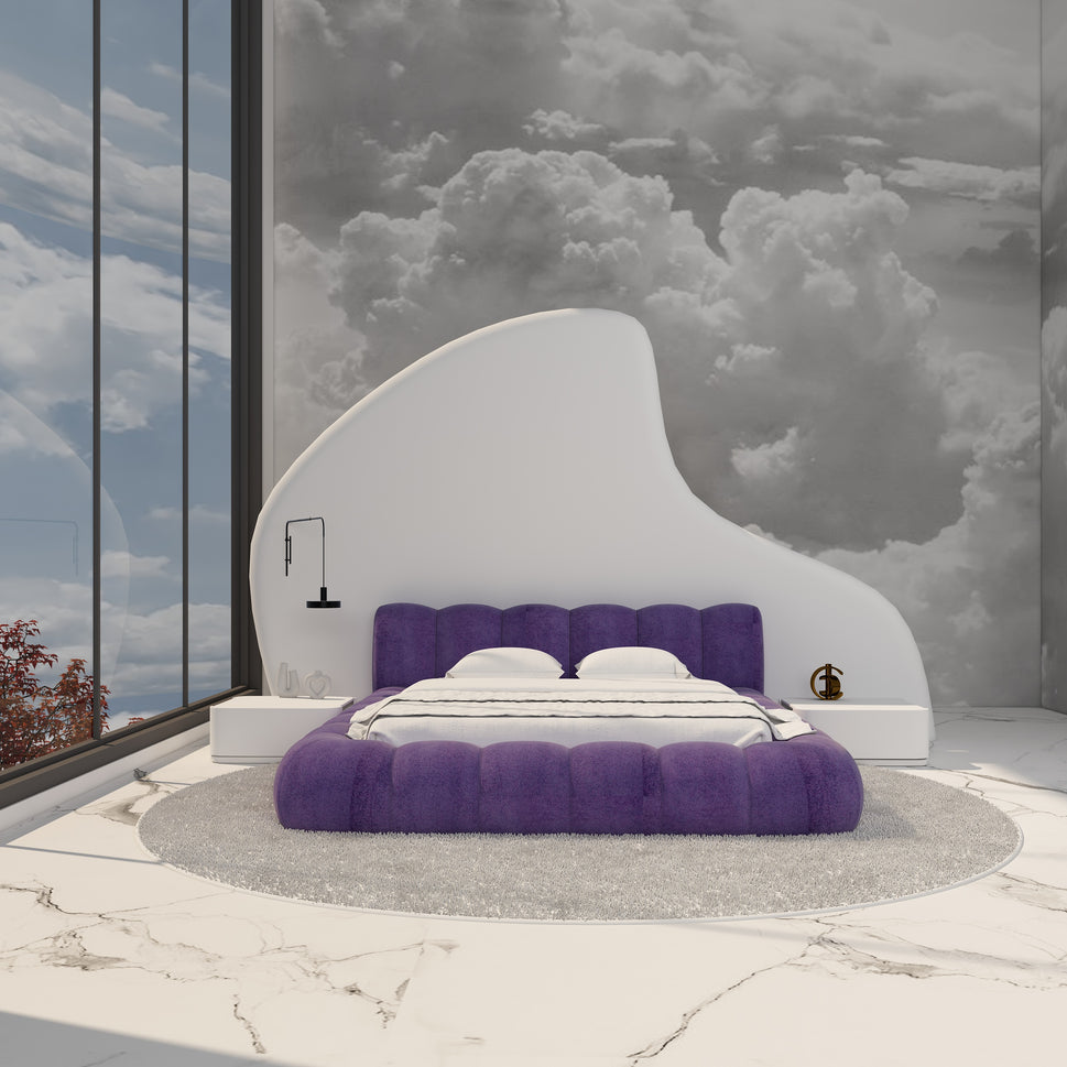 Cloud BedC. King Bed: Mattress Size 200 x 200 cm | Overall W 250 x D 275 x H 95 cm / Purple | Velvet