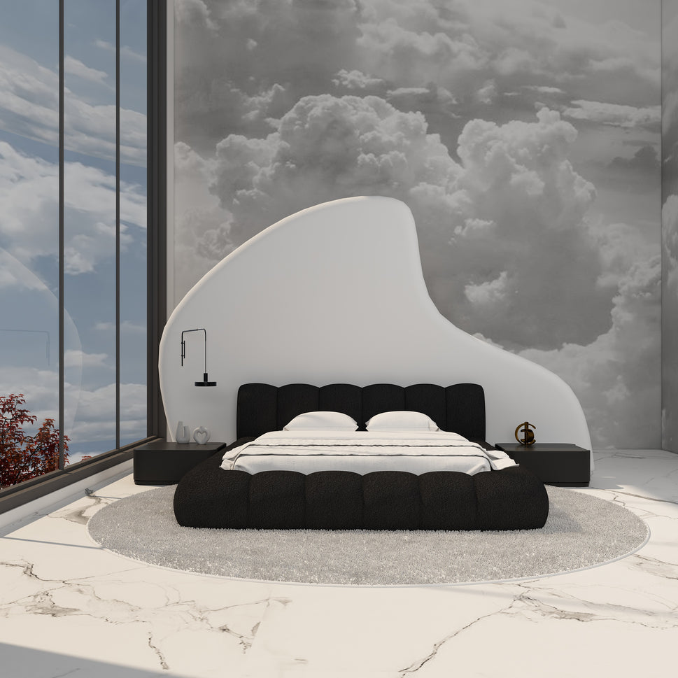 Cloud BedQueen Bed: Mattress Size 160 x 200 cm | Overall W 210 x D 275 x H 95 cm / Black | Boucle