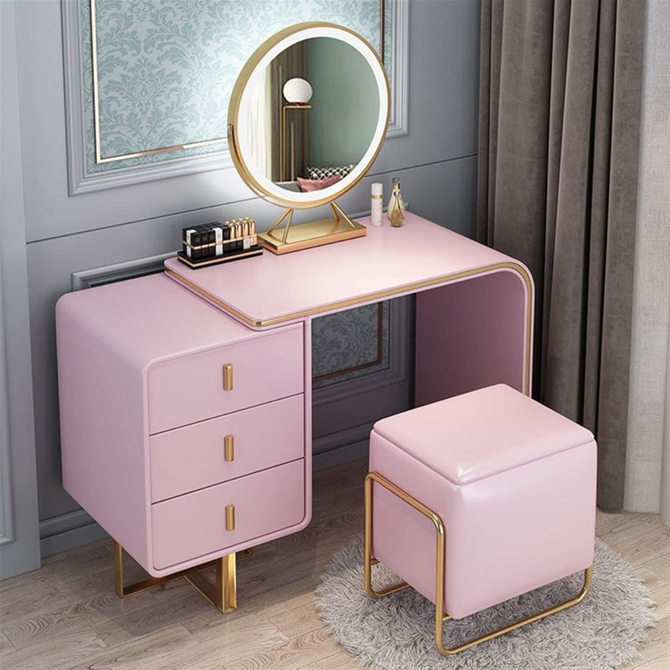 Ela Makeup VanityVanity + Mirror + Stool / Pink (RAL 3015) / Facing Left Drawers