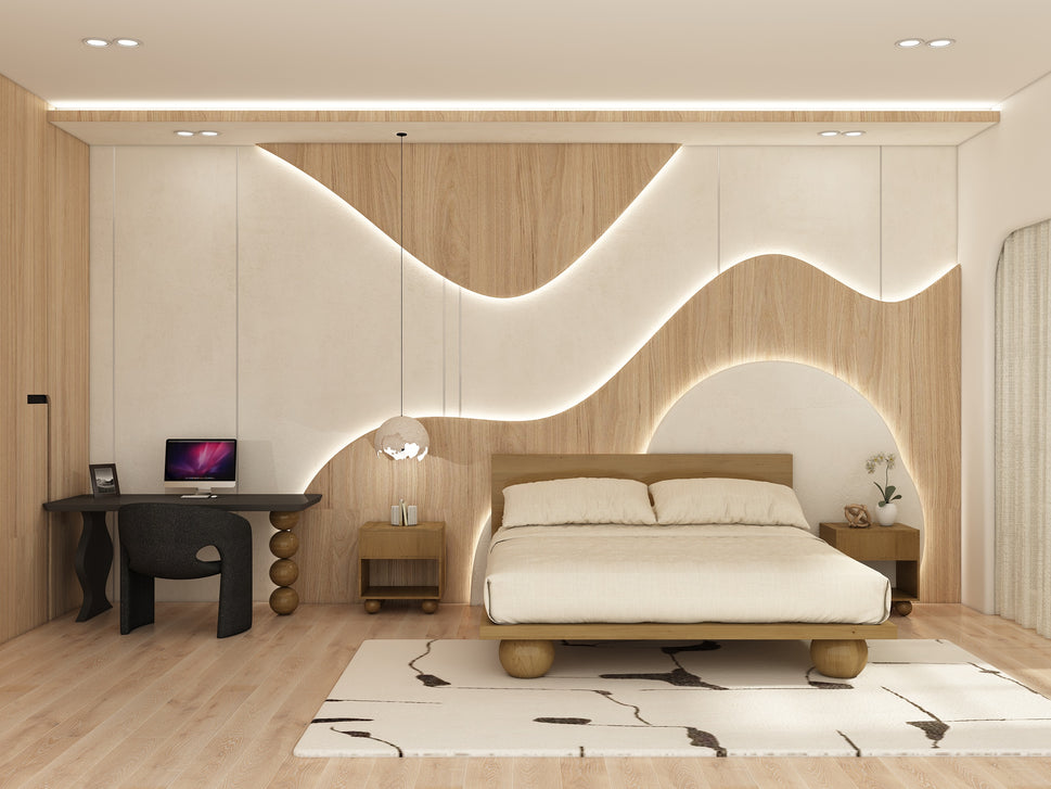 Keily BedKing Bed: Mattress Size 180 x 200 cm | Overall: W 190 x D 210 x H 110 cm | Base Height: 35 cm | Headboard: W 190 x D 10 x H 110 cm / Light Walnut
