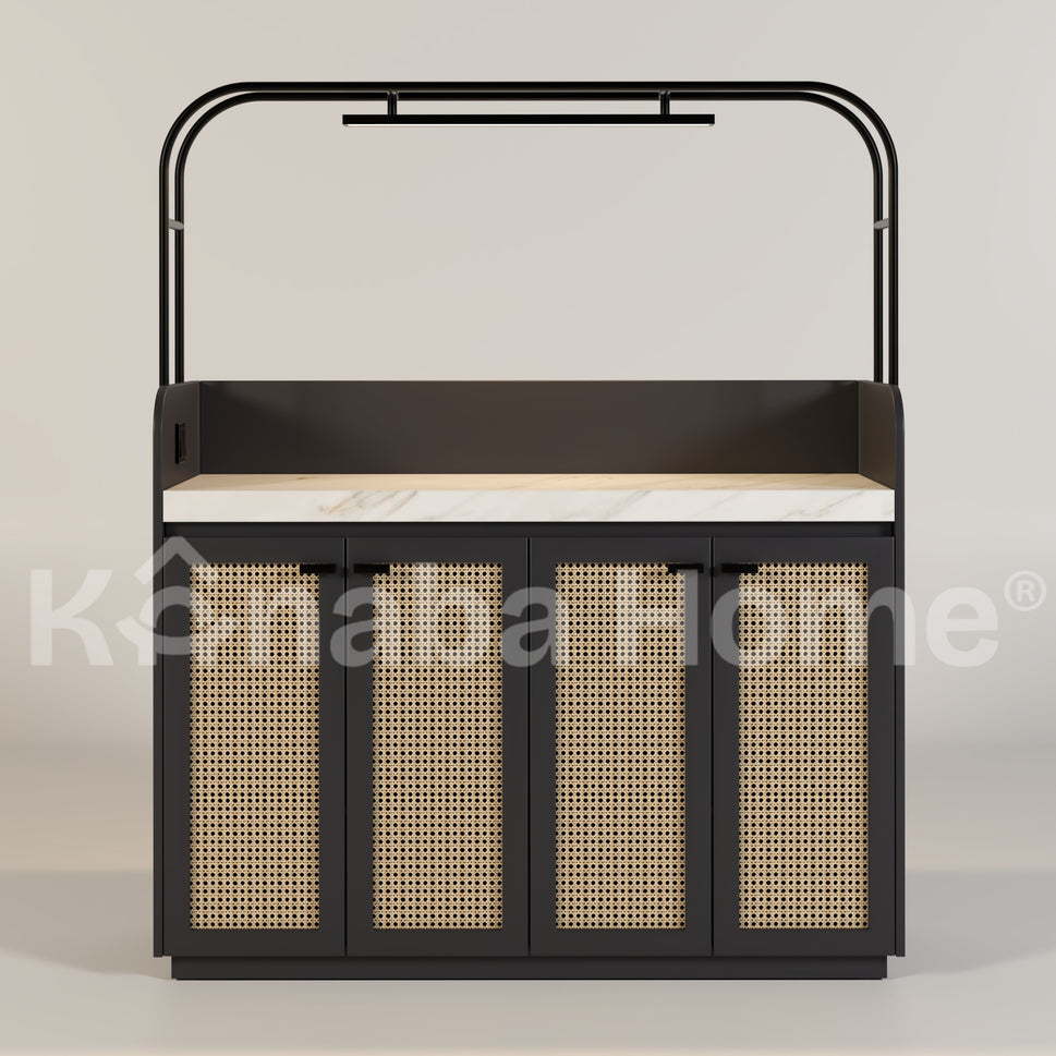 ORBIX Coffee Bar and Storage Serving TableBLACK (RAL 9011 & CALACUTTA BORGHINI & RATTAN WOOD)
