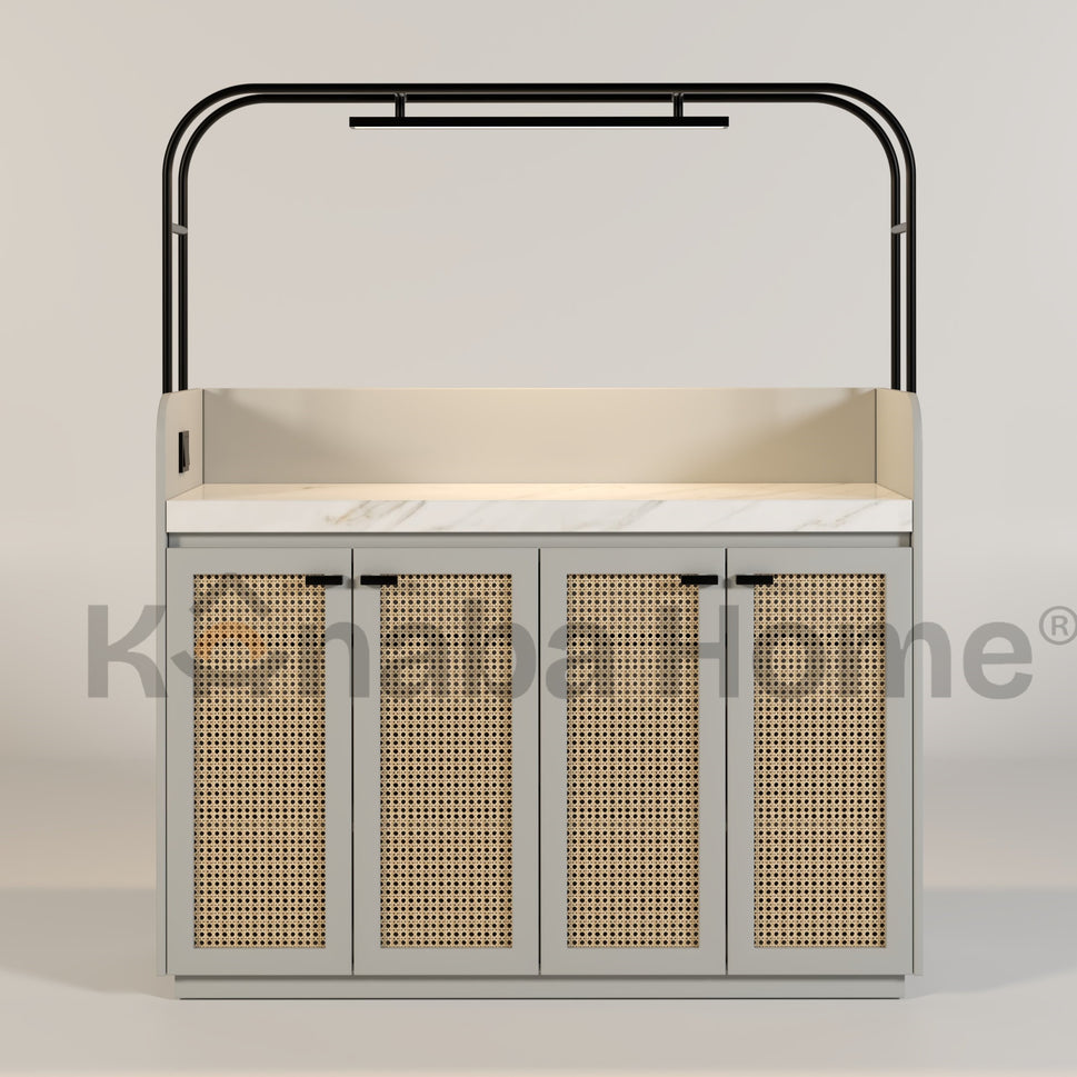 ORBIX Coffee Bar and Storage Serving TableGREY (RAL 9006 & CALACUTTA BORGHINI & RATTAN WOOD)