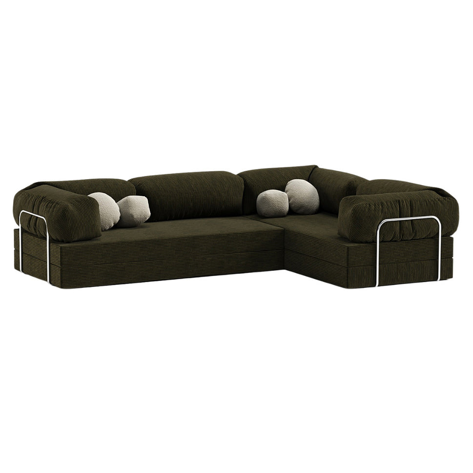 Oriva L-Shaped Sofa BedDark Green | With Square Cushions / Facing Right L-Shape