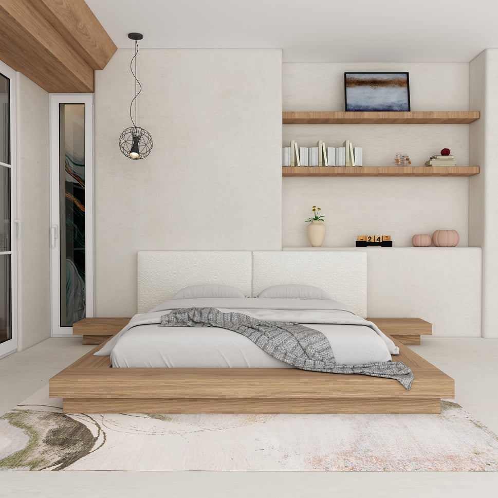 Vivien Japanese BedQueen Size: Mattress 160 x 200 cm | Overall W 310 cm x D 230 cm x H 95 cm / White Boucle Fabric / Light Walnut