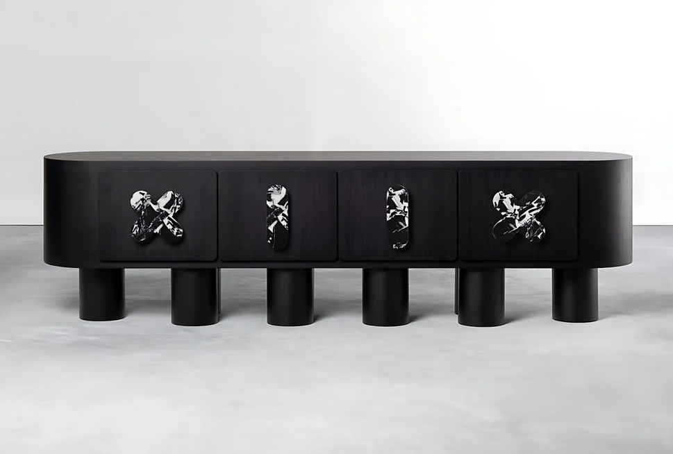 X ELEVEN-XII TV UnitBlack & Marble Wood Veneer / Without Cable Hole