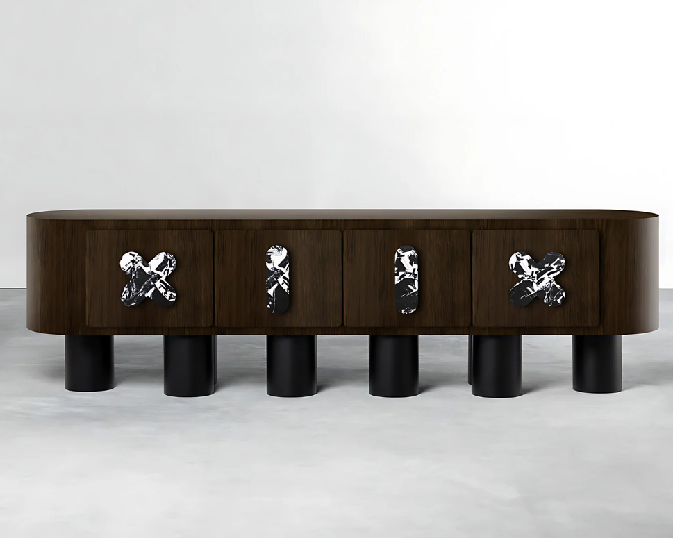 X ELEVEN-XII TV UnitDark Brown & Marble Wood Veneer / With Cable Hole