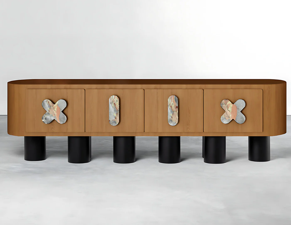 X ELEVEN-XII TV UnitLight Brown & Colored Marble Wood Veneer / With Cable Hole