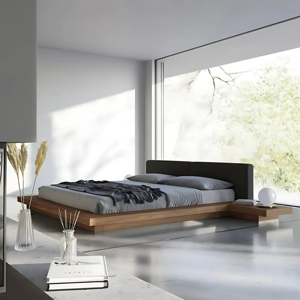 Vivien Japanese BedQueen Size: Mattress 160 x 200 cm | Overall W 310 cm x D 230 cm x H 95 cm / Black Linen Fabric / Dark Walnut