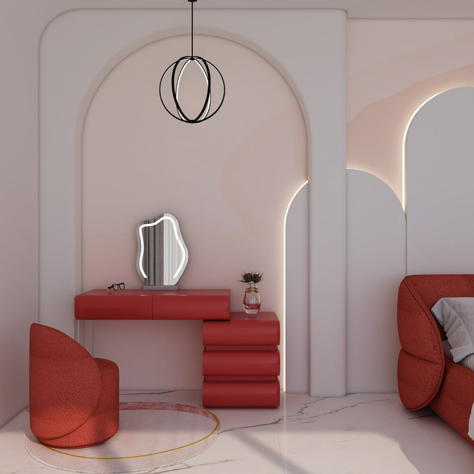 Loria Makeup VanityFull Set (With Stool & Mirror) / Facing Right Drawers / Red