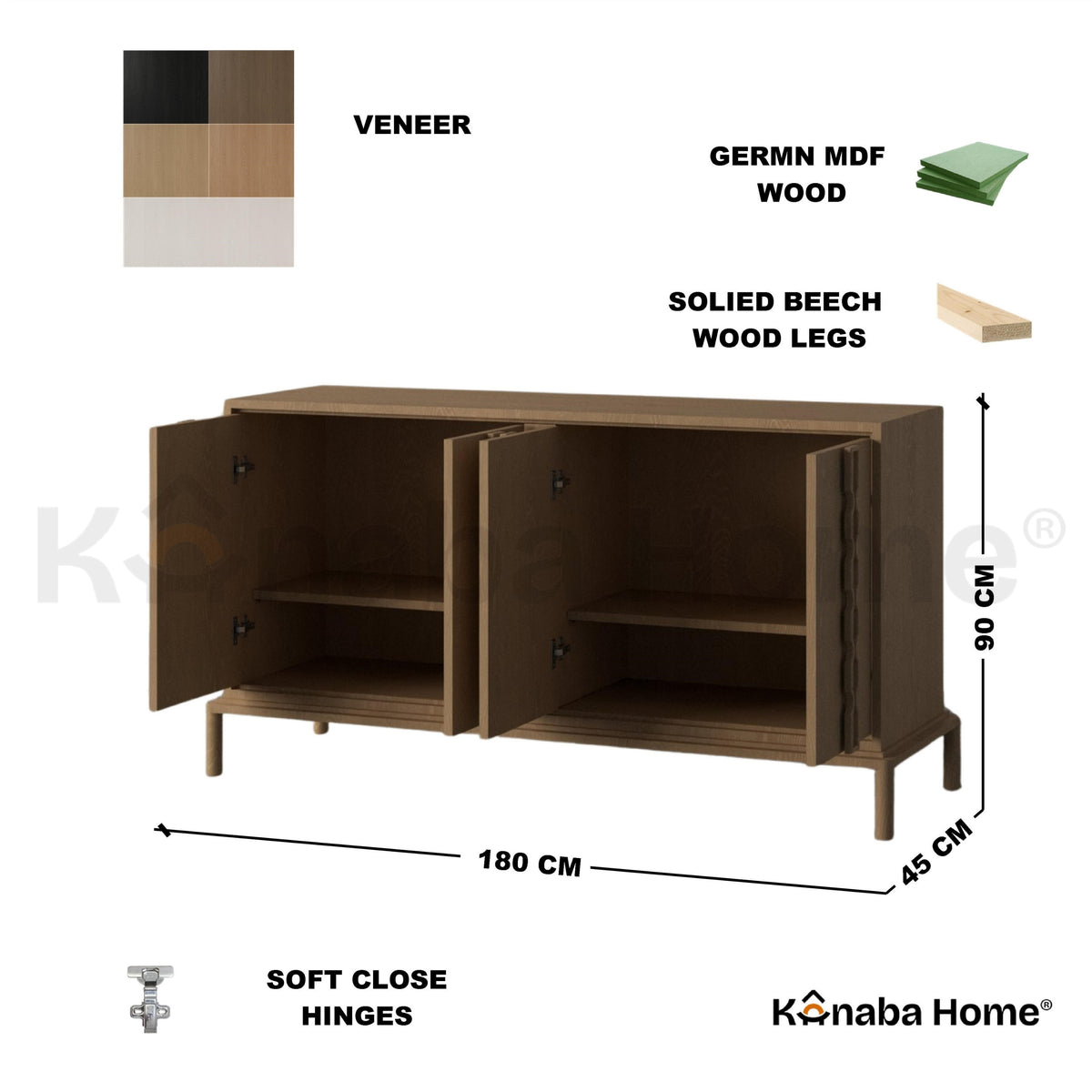Atelier Noir Dresser-German MDF & Solid beech wooden legs-Veneer Finish-Kanaba Home