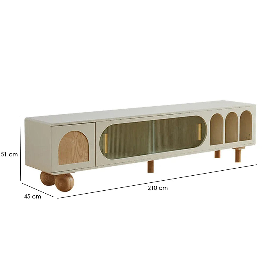 Beige and wooden cabinet with dimensions on a white background