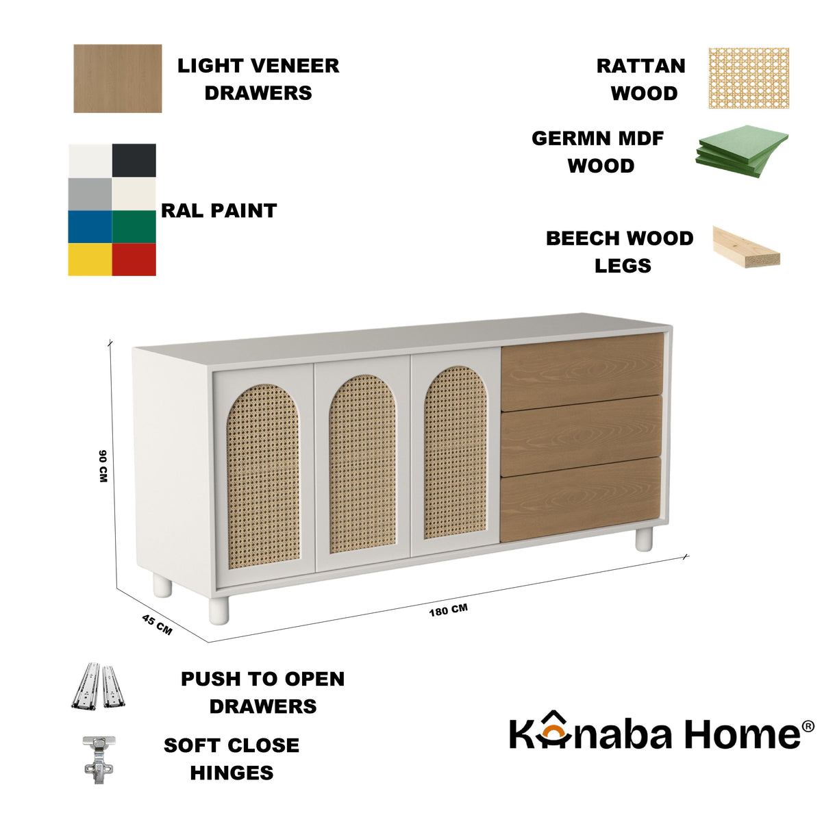 Bellaro Rattan Dresser-German MDF & Beech Wood- Rattan Cane Inserts-Kanaba Home