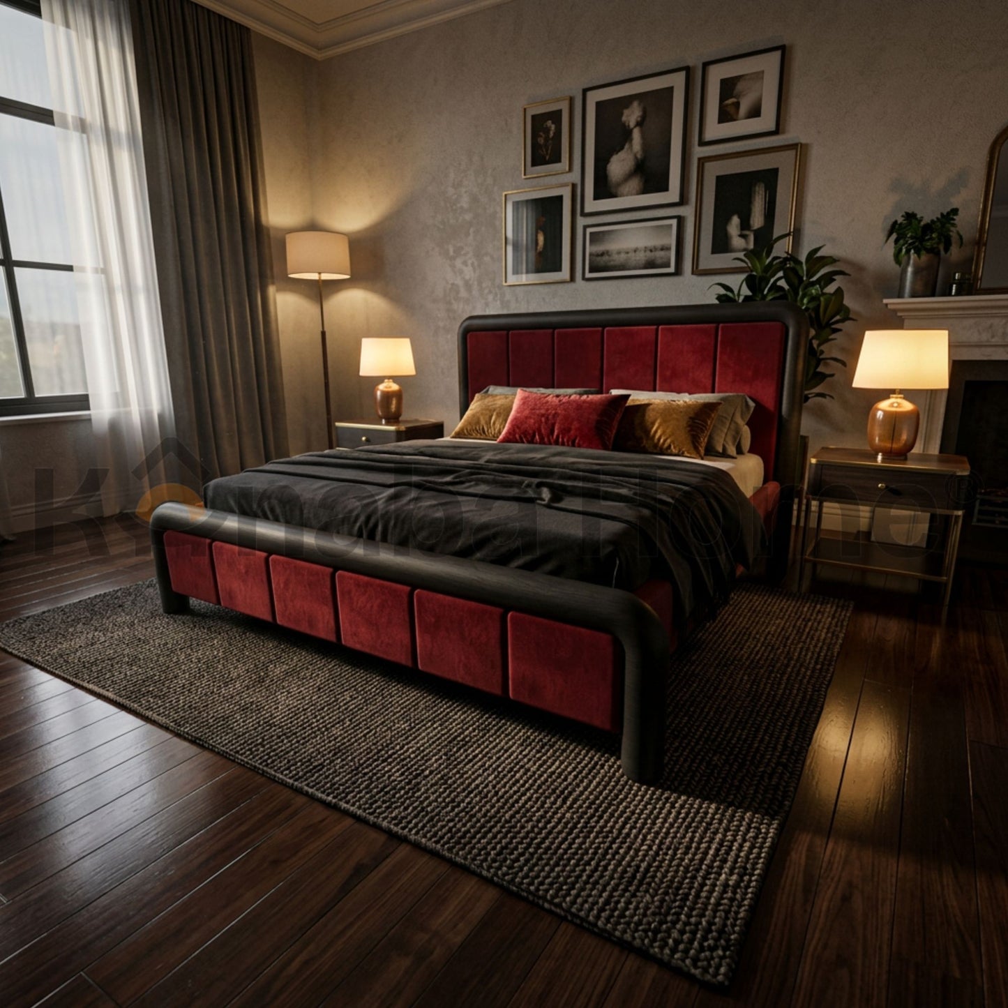 Brixton Bed- Veneer finish with solid wood legs- Velvet fabric Upholstery-Kanaba Homes