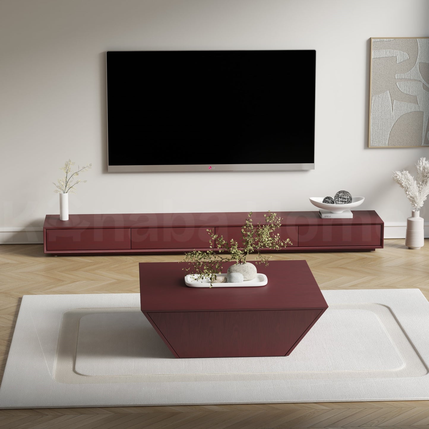 burgundy colour tv unit and coffee table dubai