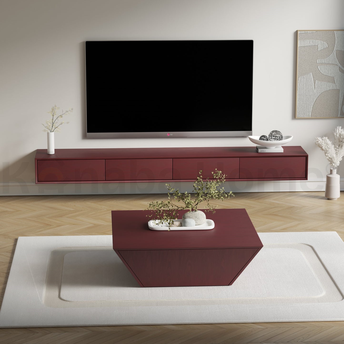 floating tv unit in burgundy colour with 4 drawers
