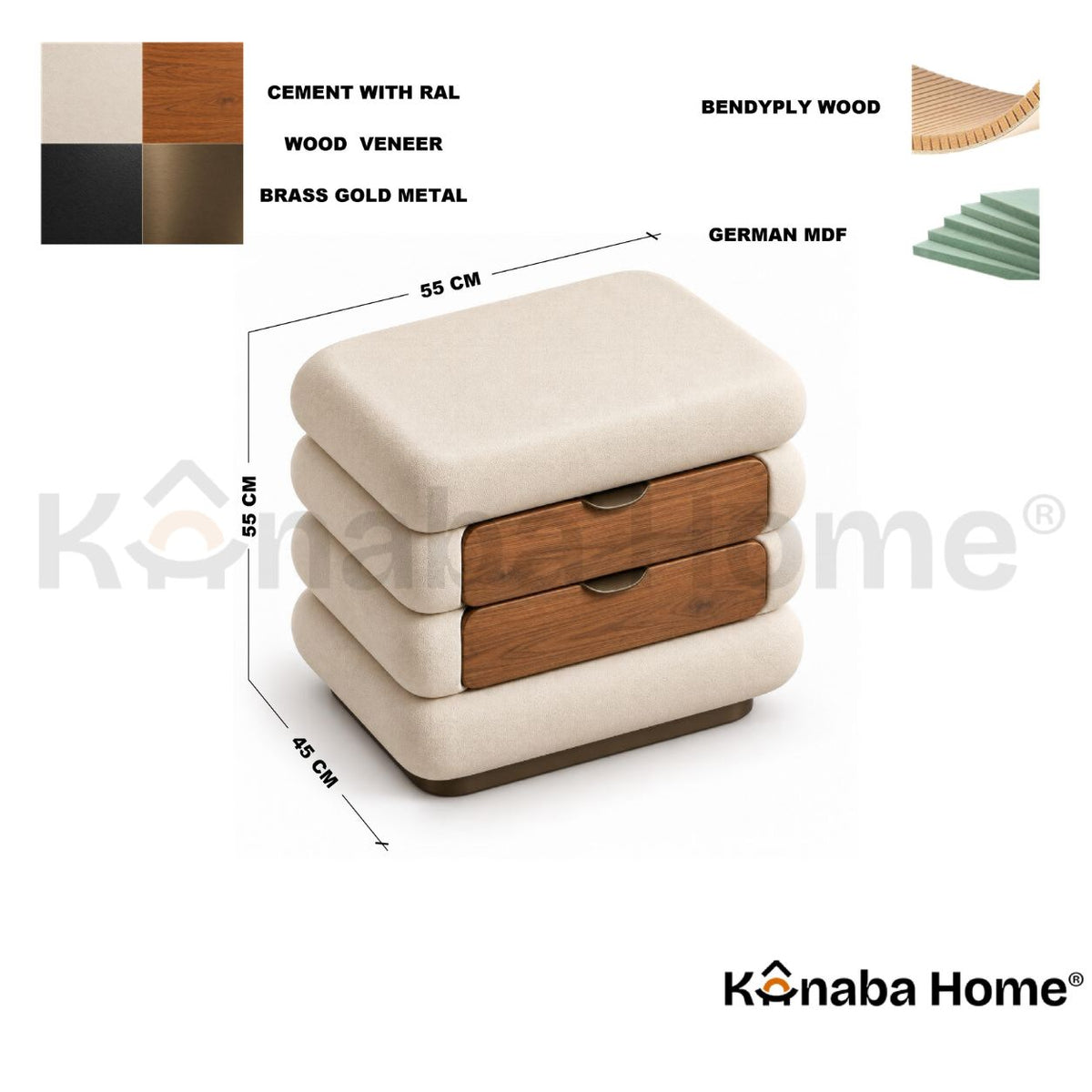 Cloud stack Night Stand-Bendy plywood & German MDF wood-Brass Gold Metal Base-Kanaba Home