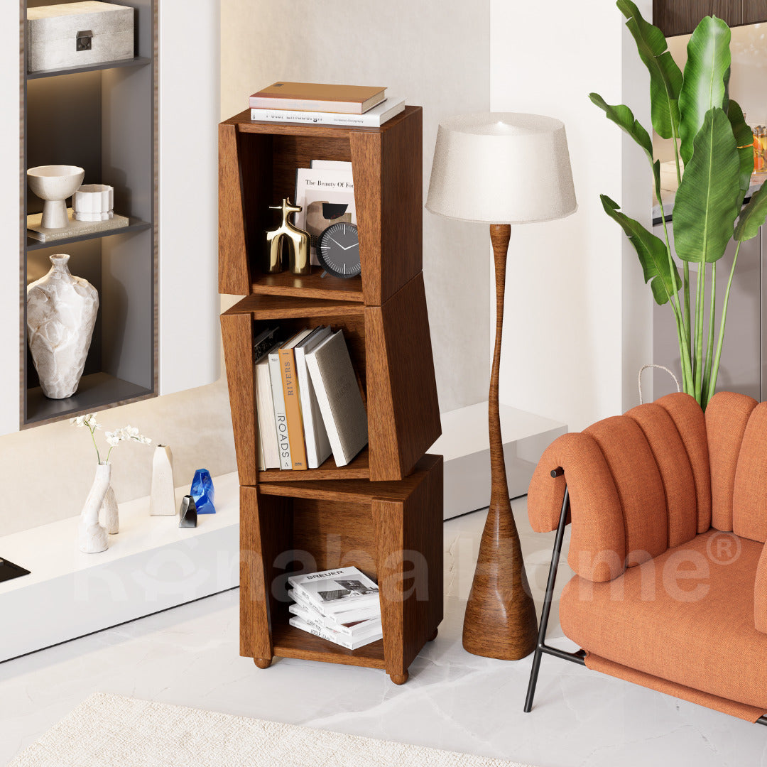 modern bookcase kept in the corner of room