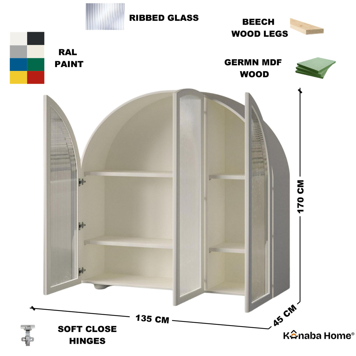 Glasshouse Armoire Dresser-German MDF & Beech wood legs-Ribbed glass panel inserts-Kanaba Home