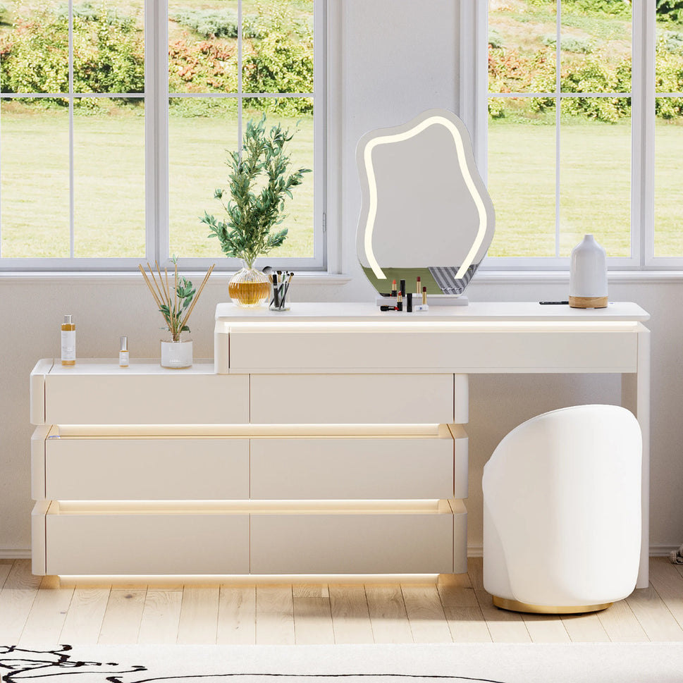 Ilune Makeup VanityFull Set (With Stool + Mirror) / Facing Left Drawers
