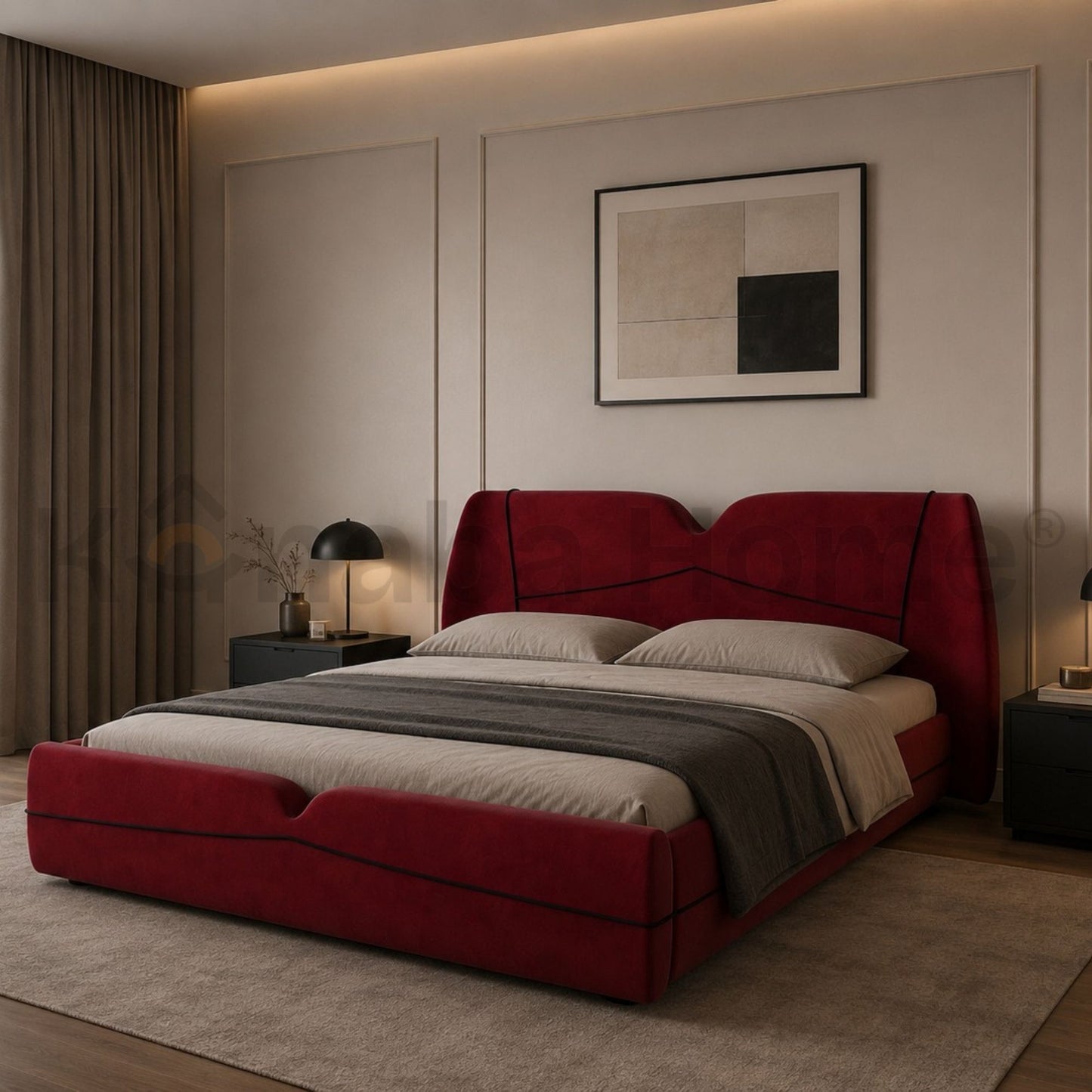Impereo Bed- Solid wood construction-  Velvet fabric  Upholstery-  Kanaba Home