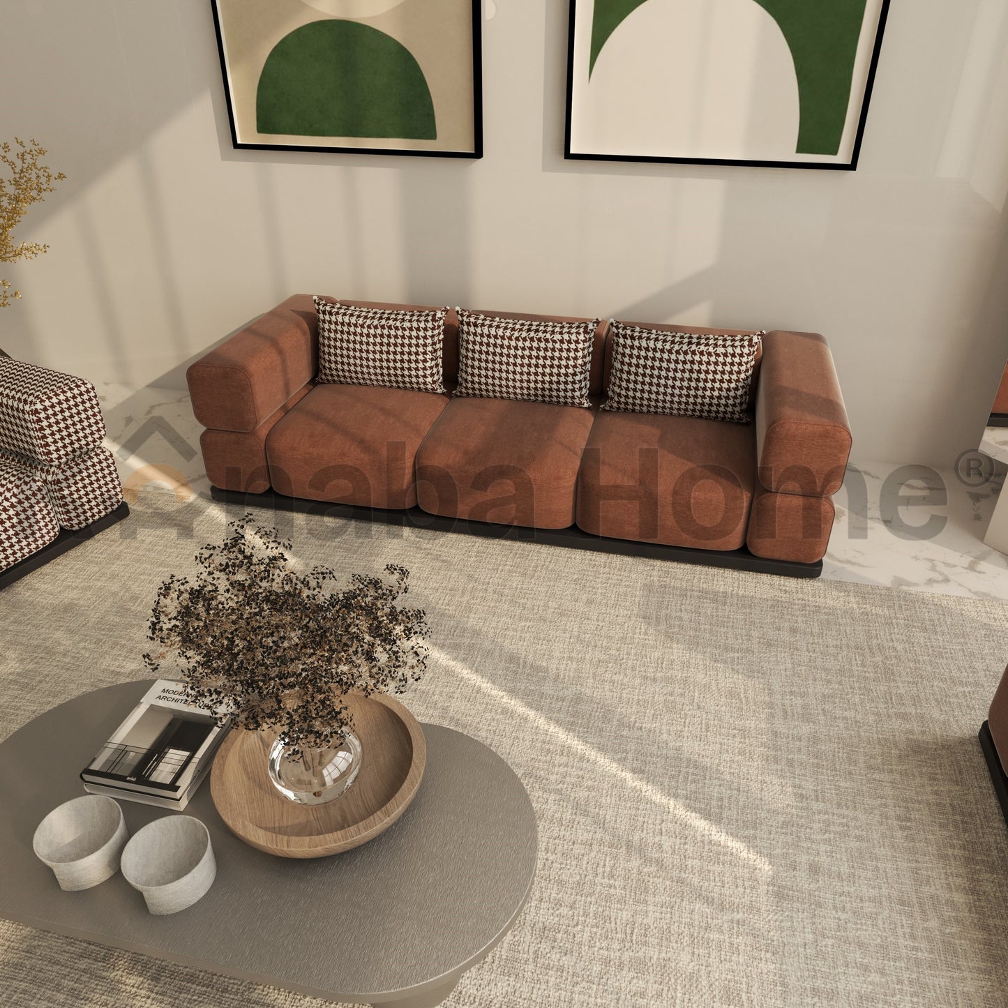 Living room with a brown sofa, checkered cushions