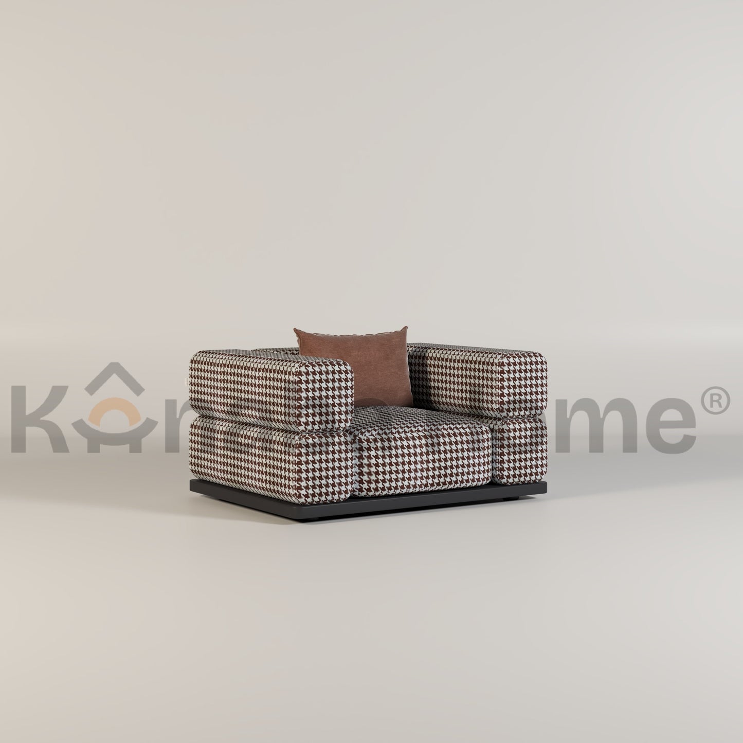 Patterned armchair with a brown pillow on a light gray background