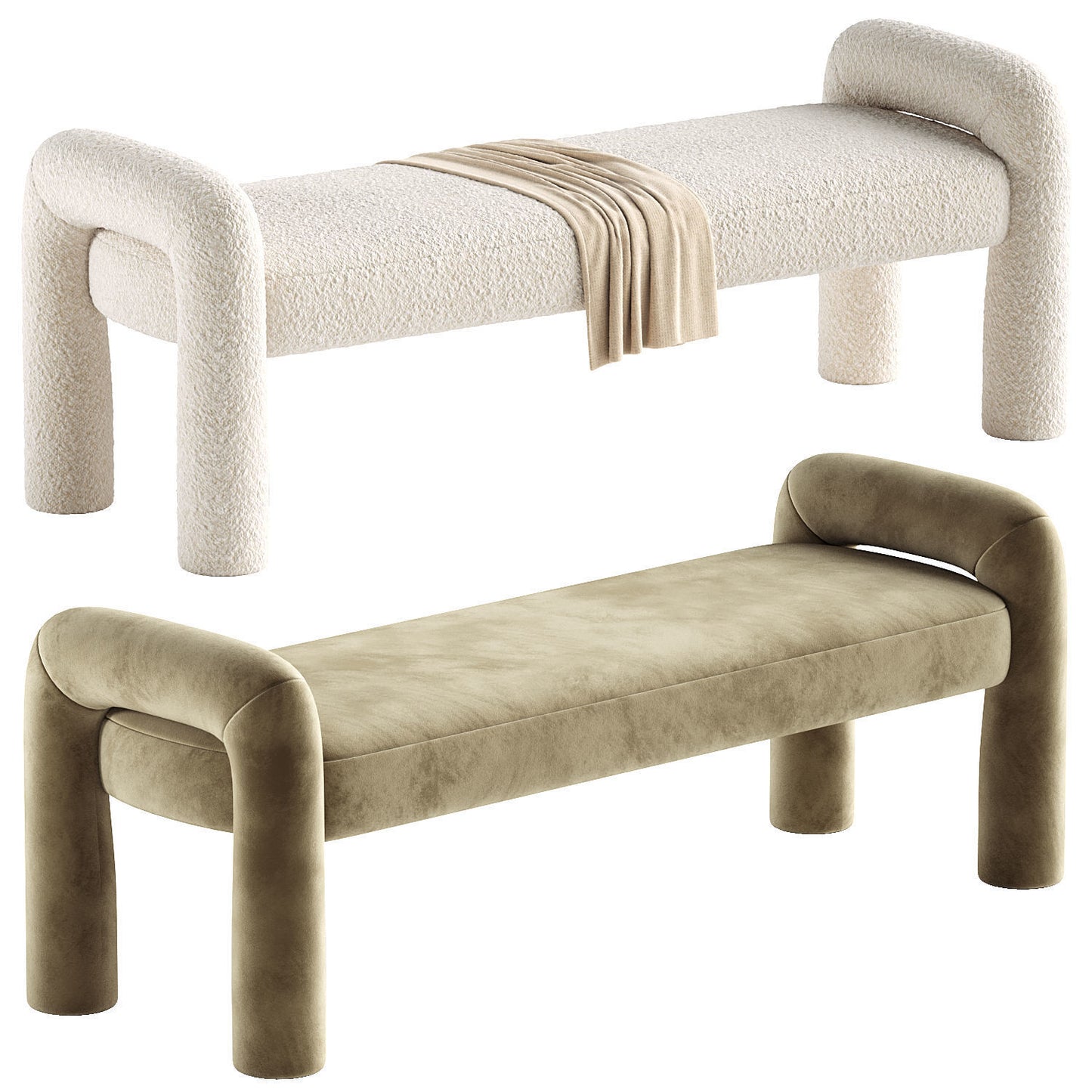 Off-White Boucle Olive Velvet Bench