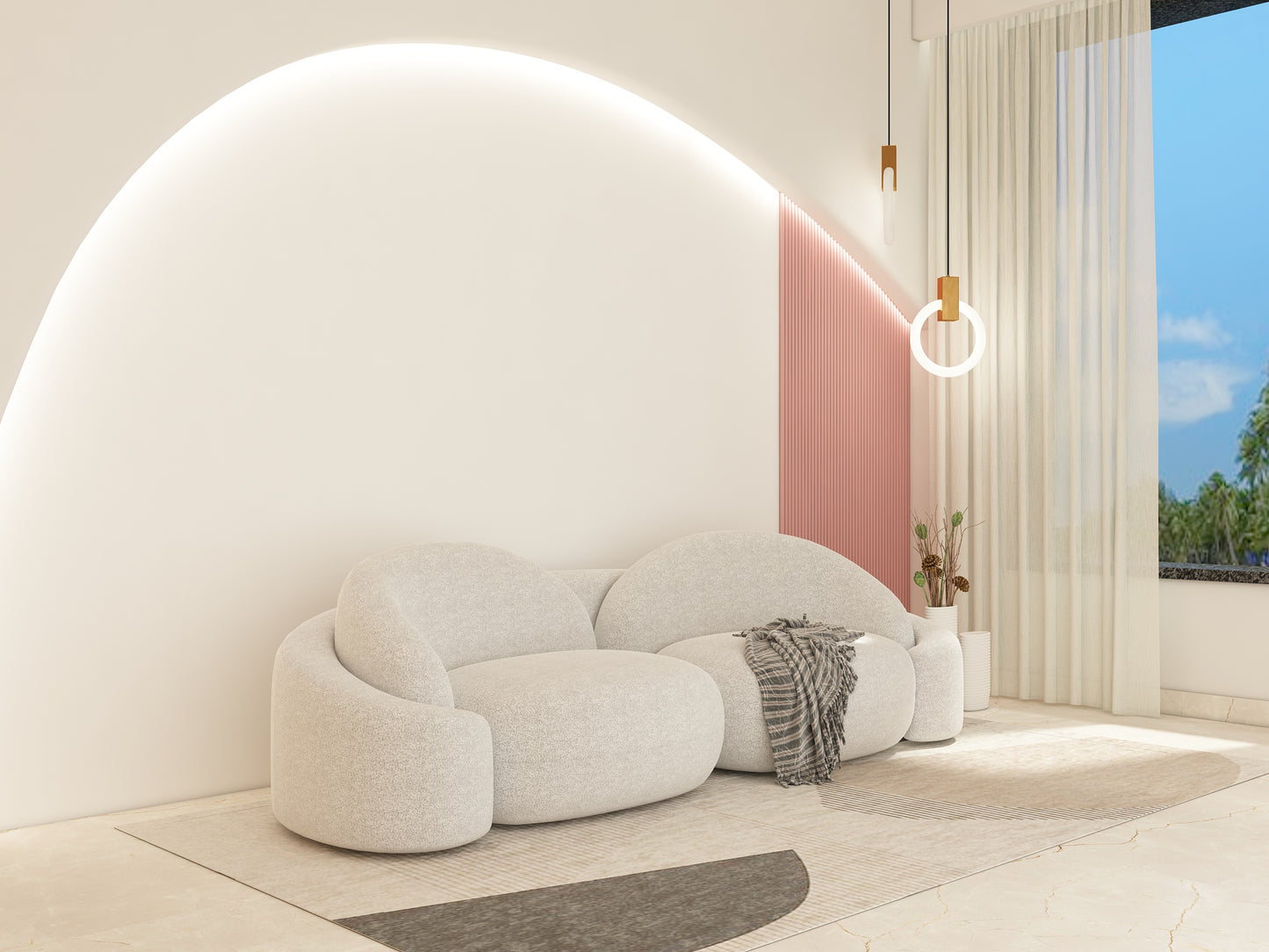 A contemporary 2-seater sofa with a white upholstery, wooden frame