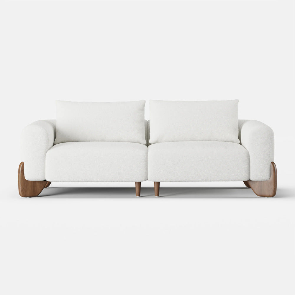 White premium boucle sofa with wooden legs