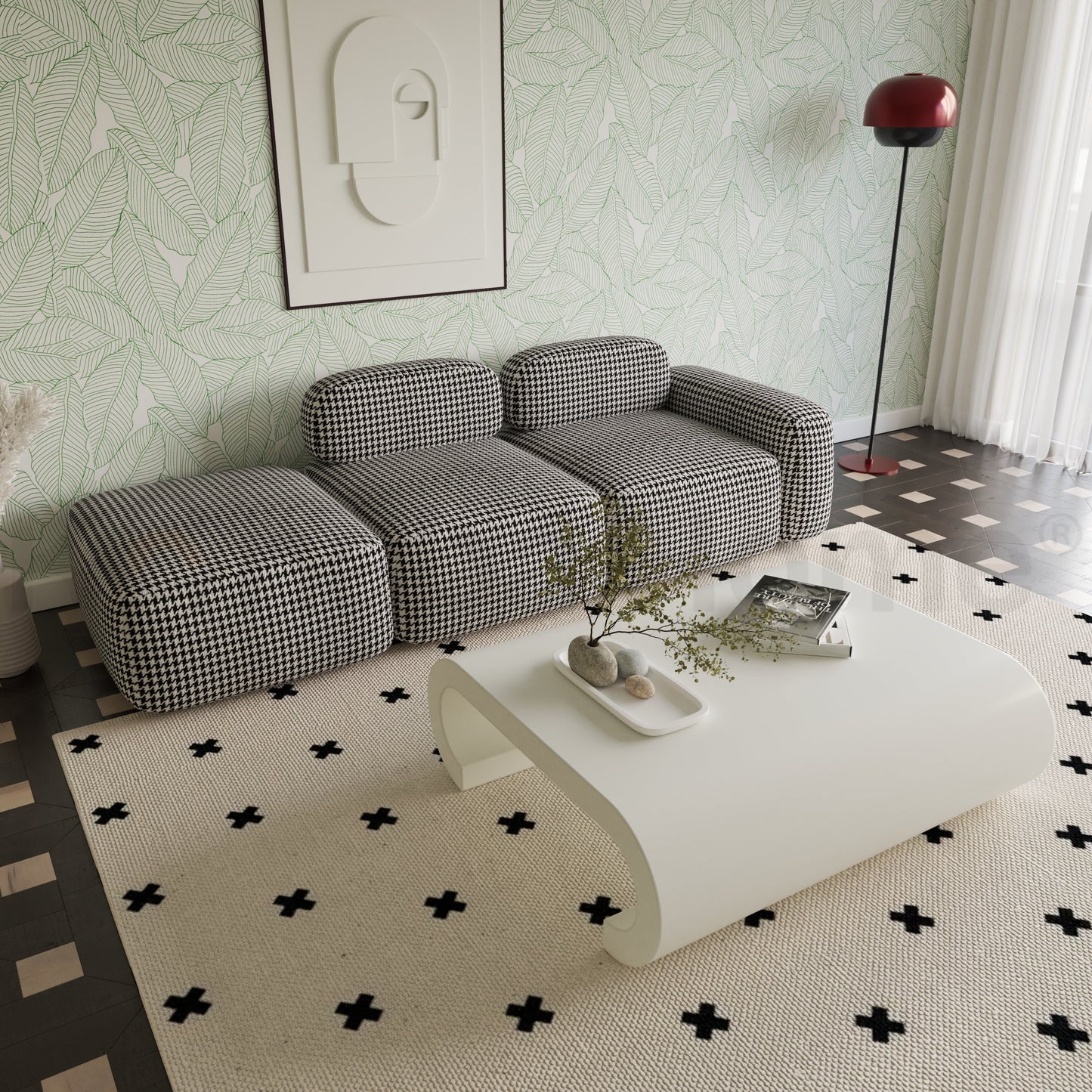 Modern living room with a checkered sofa, white coffee table, and decorative elements.