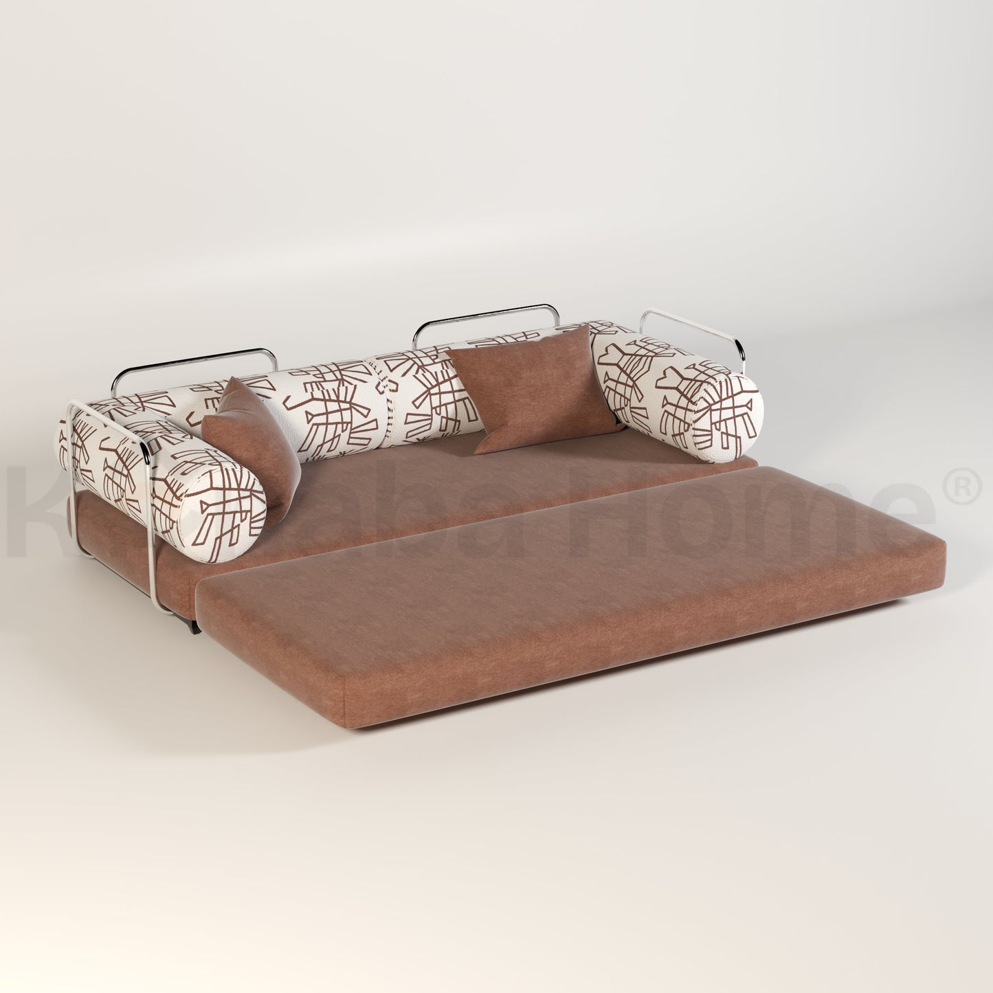 Brown sofa bed with patterned armrest covers