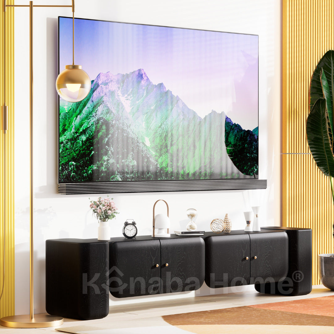 black tv unit with golden handles