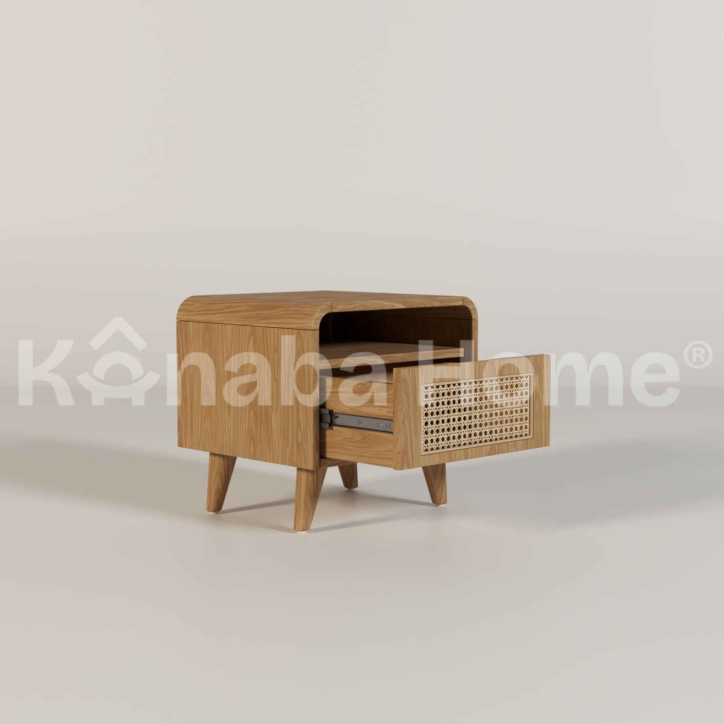 open drawer of natural wood colour nightstand in rattan design