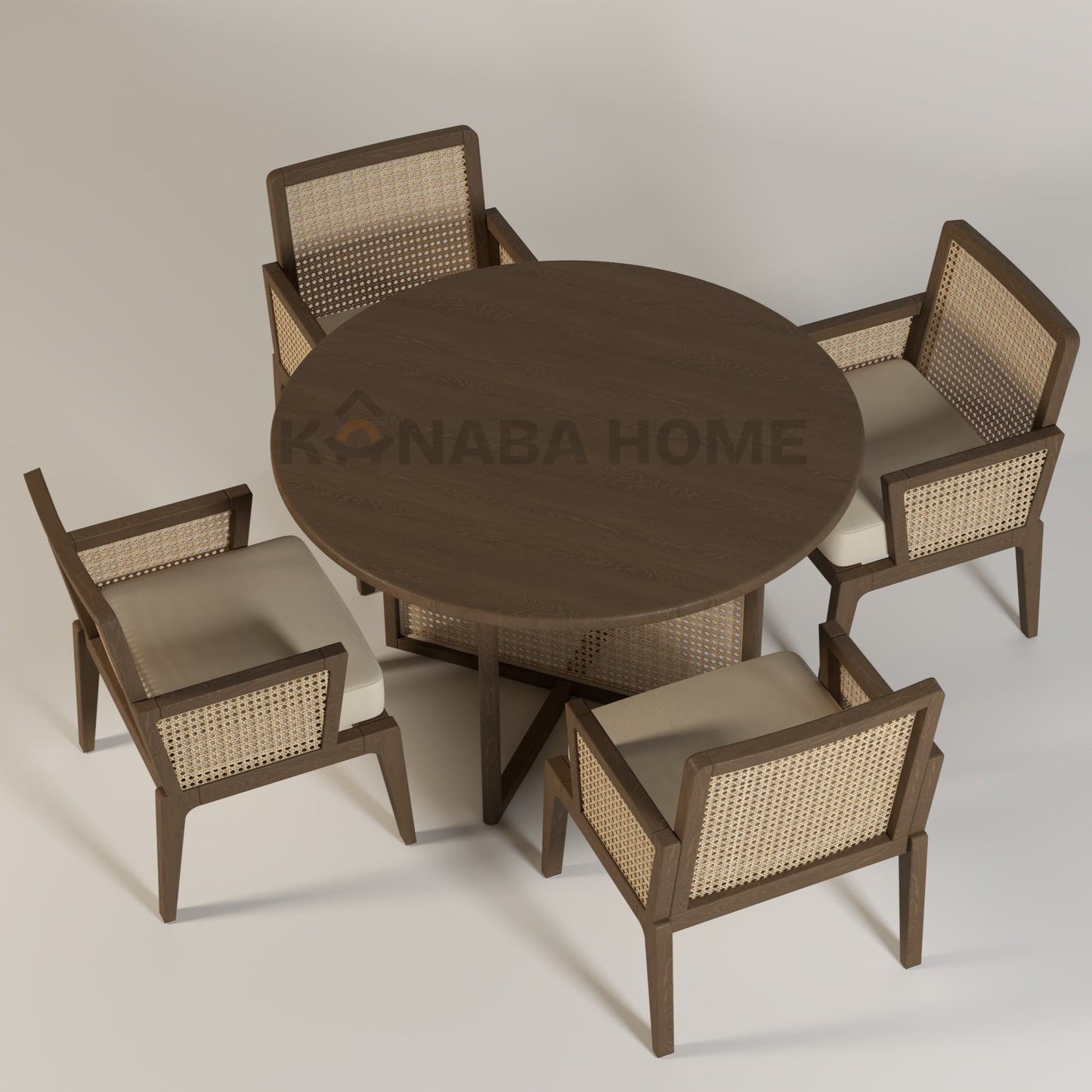 round dining table in rattan style along with rattan chairs with backrest and arms