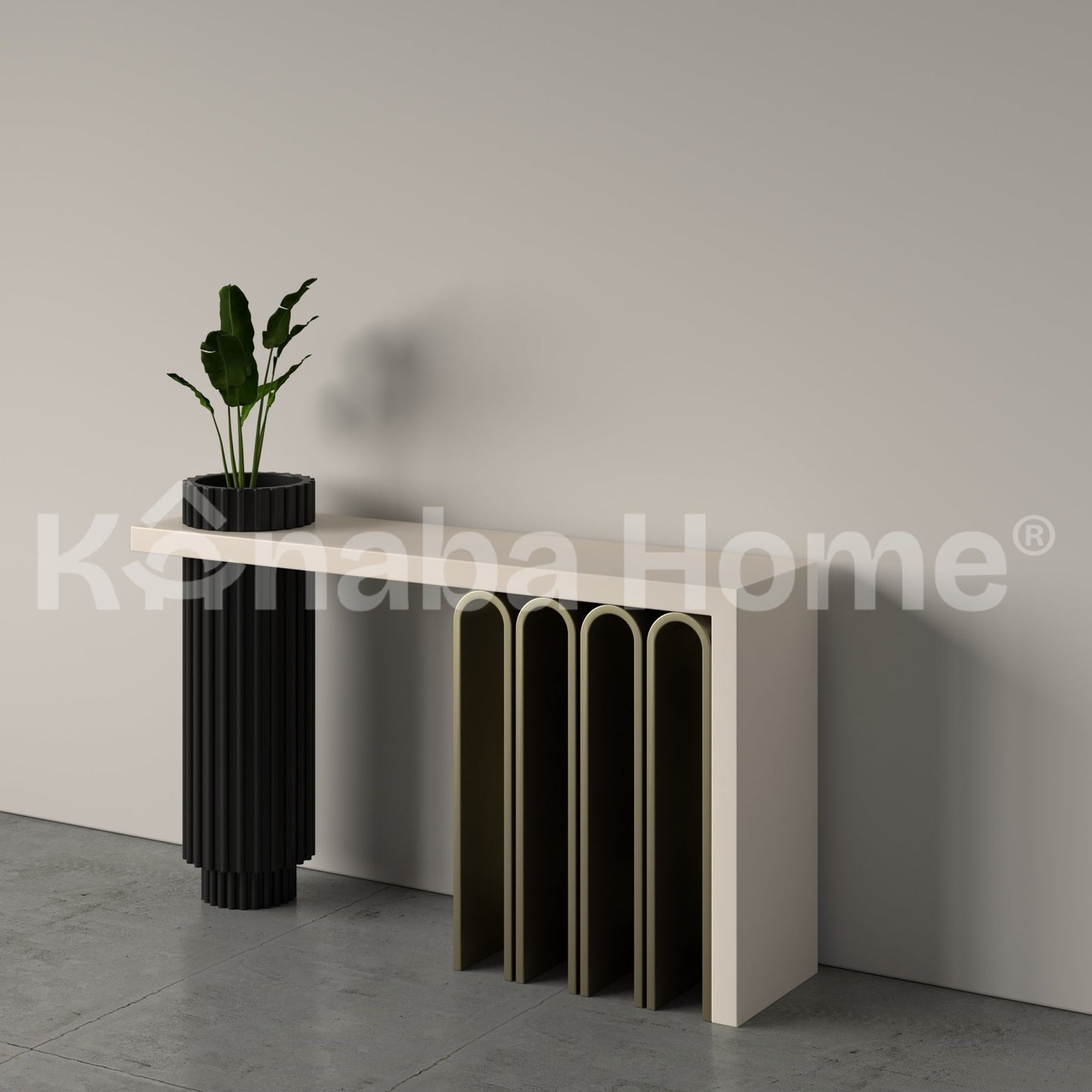Modern entryway console table with black cylindrical legs and a white top