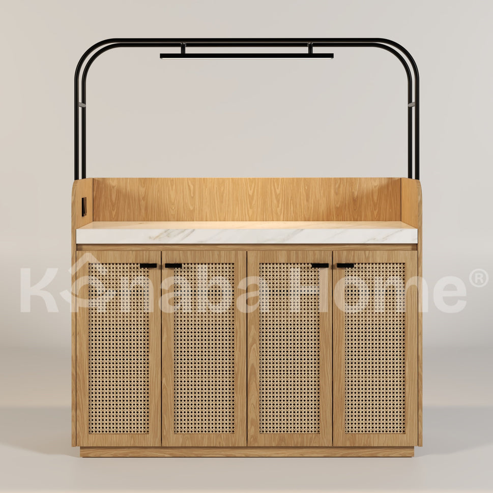 ORBIX Coffee Bar and Storage Serving TableNATURAL (RED OAK & RATTAN WOOD)