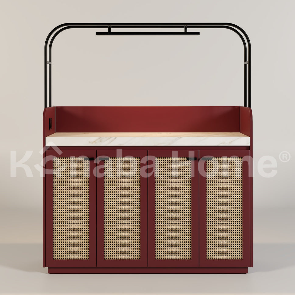 ORBIX Coffee Bar and Storage Serving TableBURGUNDY (RAL 3005 & CALACUTTA BORGHINI & RATTAN WOOD)