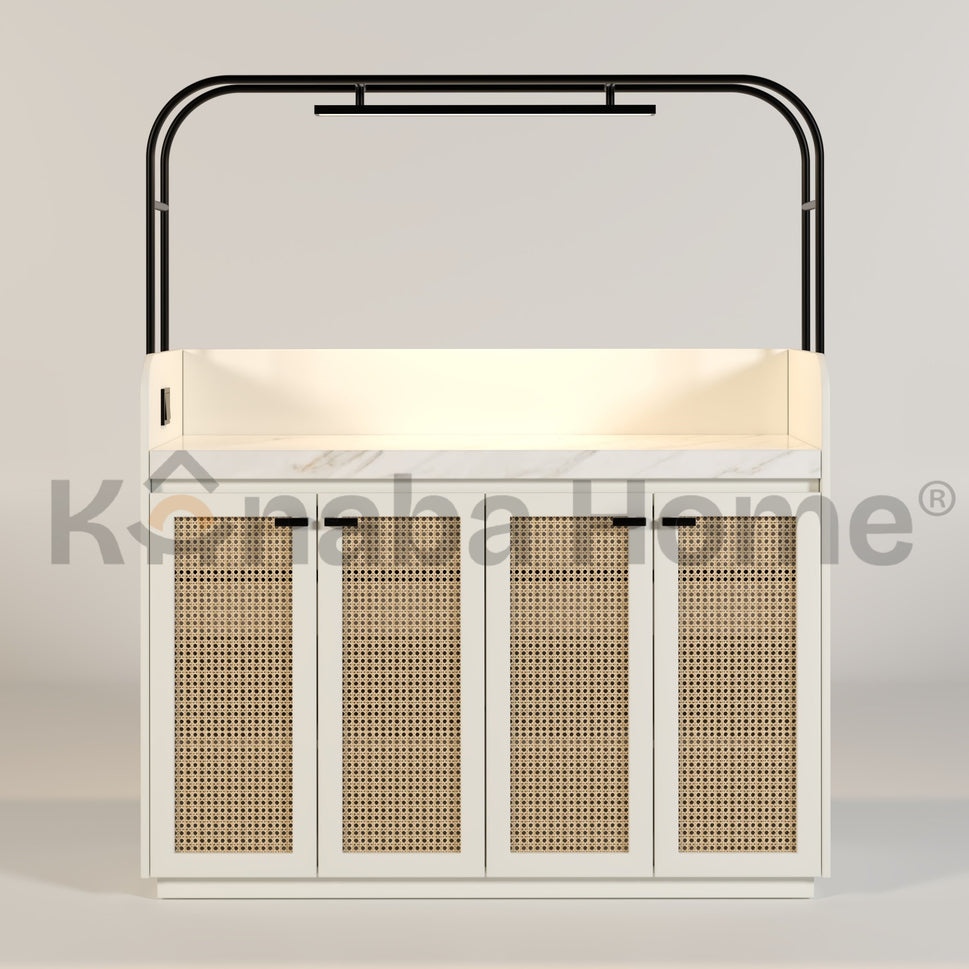 ORBIX Coffee Bar and Storage Serving TableOFF WHITE (RAL 9003 & CALACUTTA BORGHINI & RATTAN WOOD)