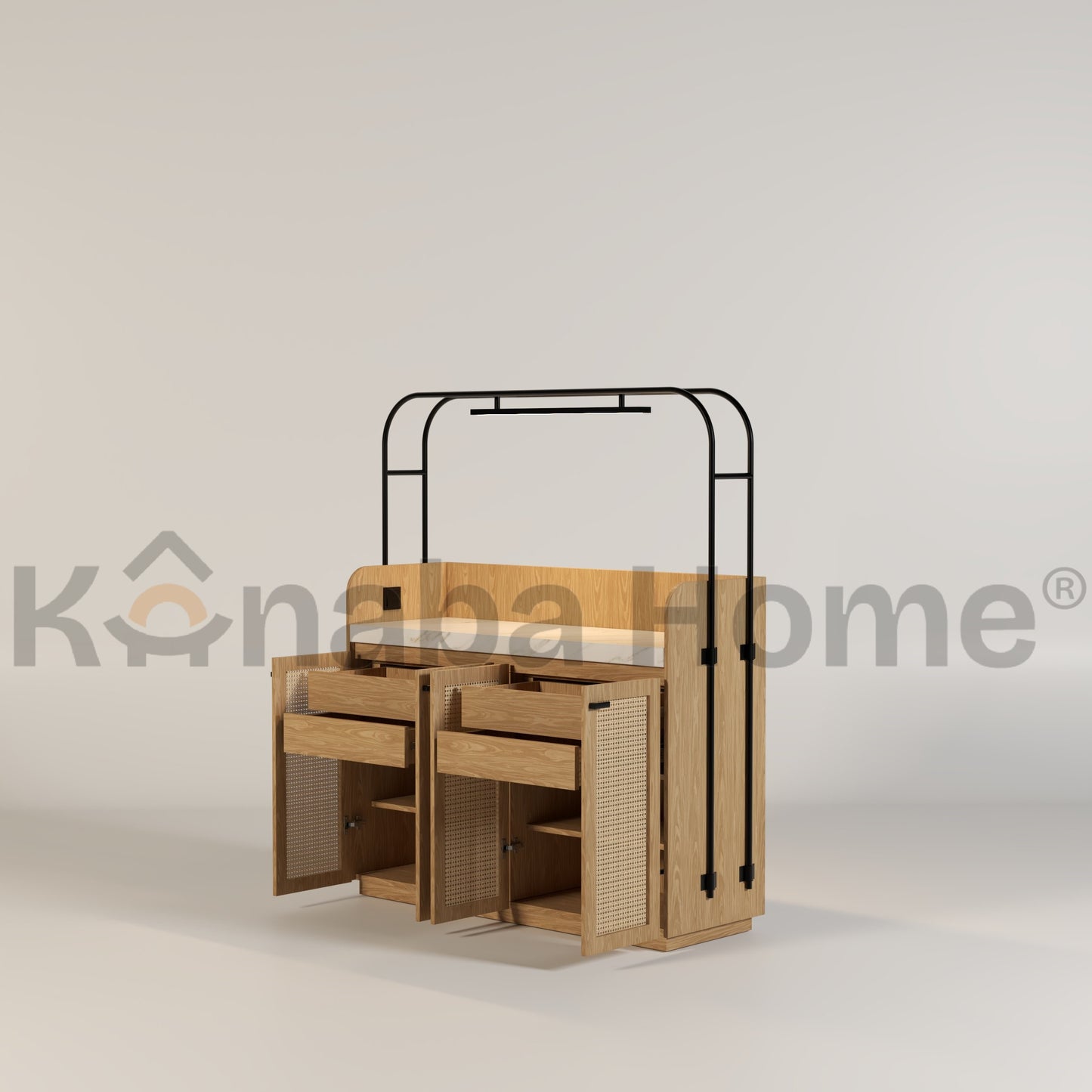 coffee bar table with cabinets and drawers