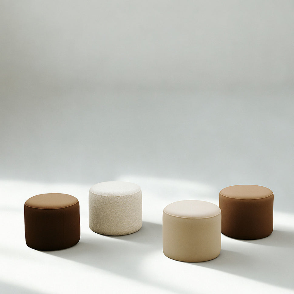 Olyn Kids Study Table Set4 Poufs (2 poufs | Brown Leather + 1 Pouf | Ivory Boucle + 1 Pouf | Soft Beige Velvet)