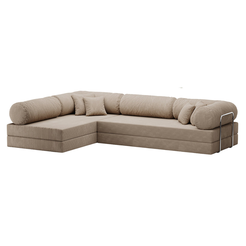 Oriva L Shape Sofa BedDark Beige | With Round Cushions / Facing Left L-Shape