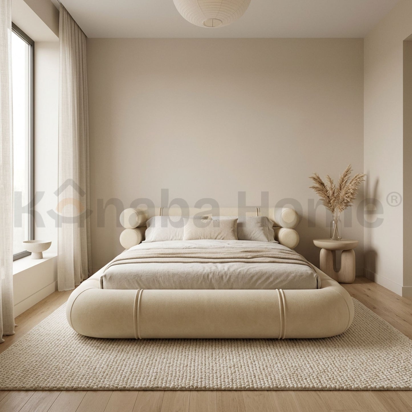 Rolo Bed- Solid wood construction &  Velvet fabric- Cylindrical tube frame -  Kanaba Home