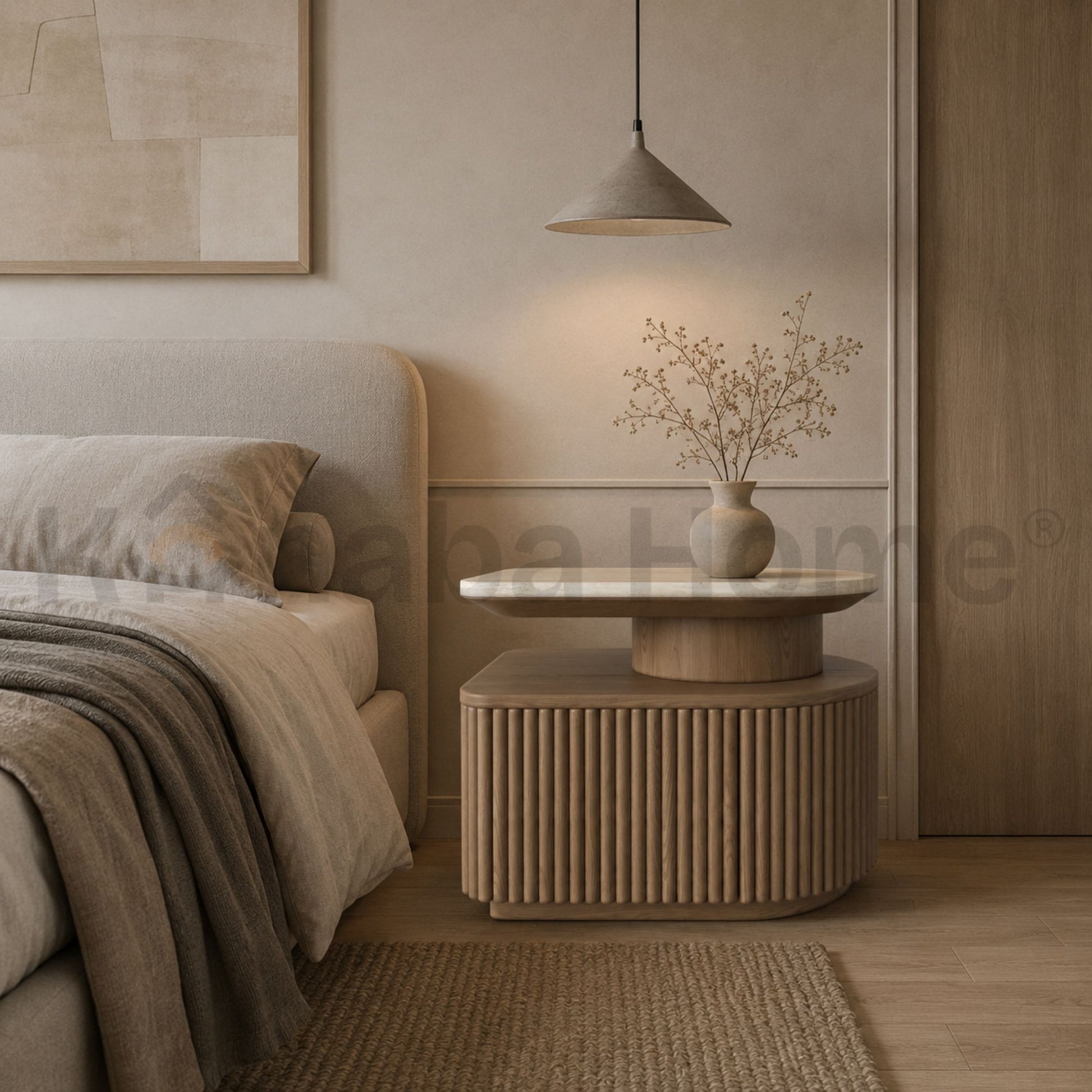 Silo Nightstand Wood Veneer & Travertine