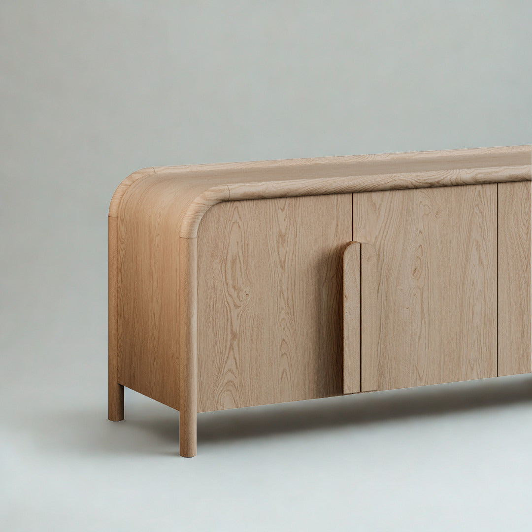 close look of modern tv console with round edges