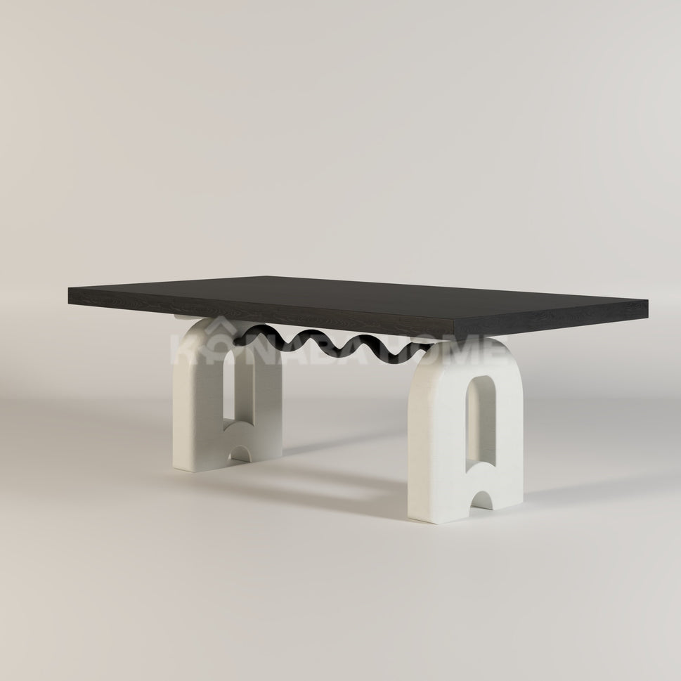 Terra Arch Dining TableDimensions: W 180 x D 100 x H 75 cm / Top: Black walnut / Base: White Cement