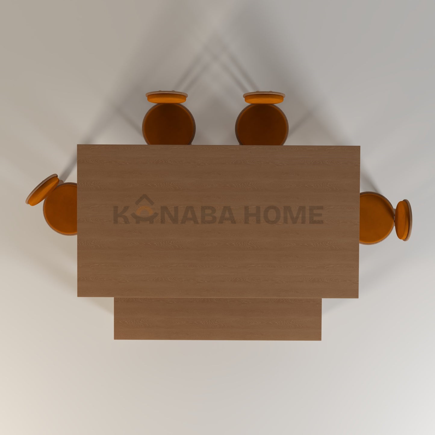 Top-down view of a wooden table with four chairs, featuring the brand 'KANABA HOME'.