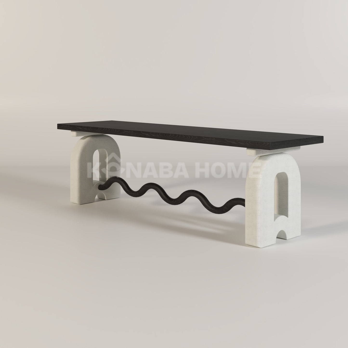 Modern dining bench with black top and white curved legs