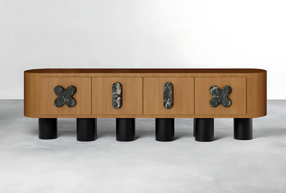 X ELEVEN-XII TV UnitLight Brown & Black Marble Wood Veneer / With Cable Hole