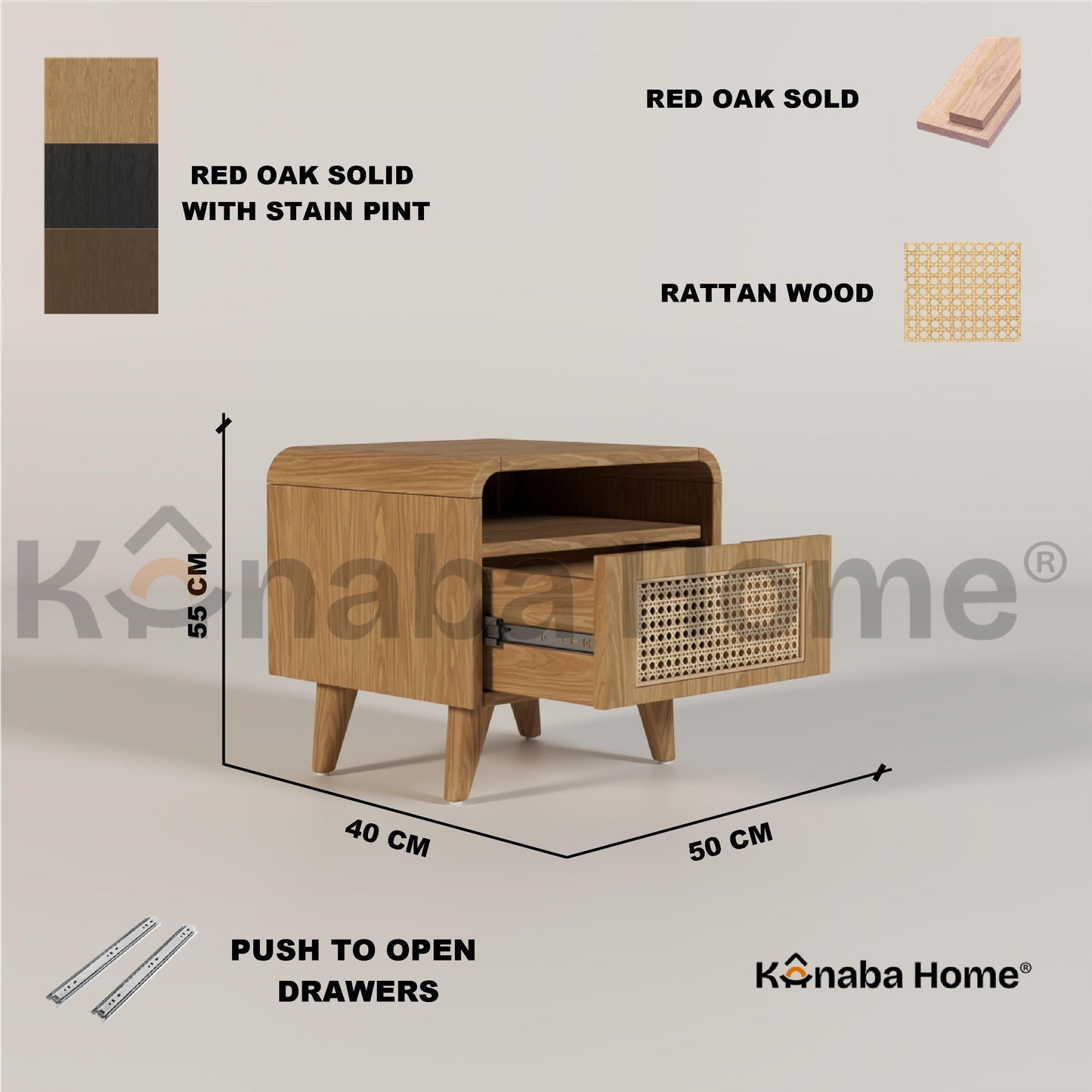 Wooden nightstand with rattan details and dimensions